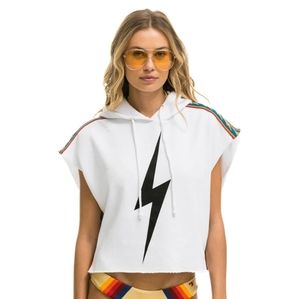 BRAND NEW NWT BOLT STRIPE SLEEVELESS RELAXED CROPPED PULLOVER HOODIE LARGE